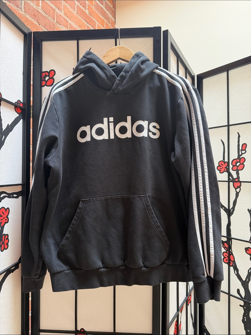 adidas Black Hoodie with White Logo and Stripe Accents